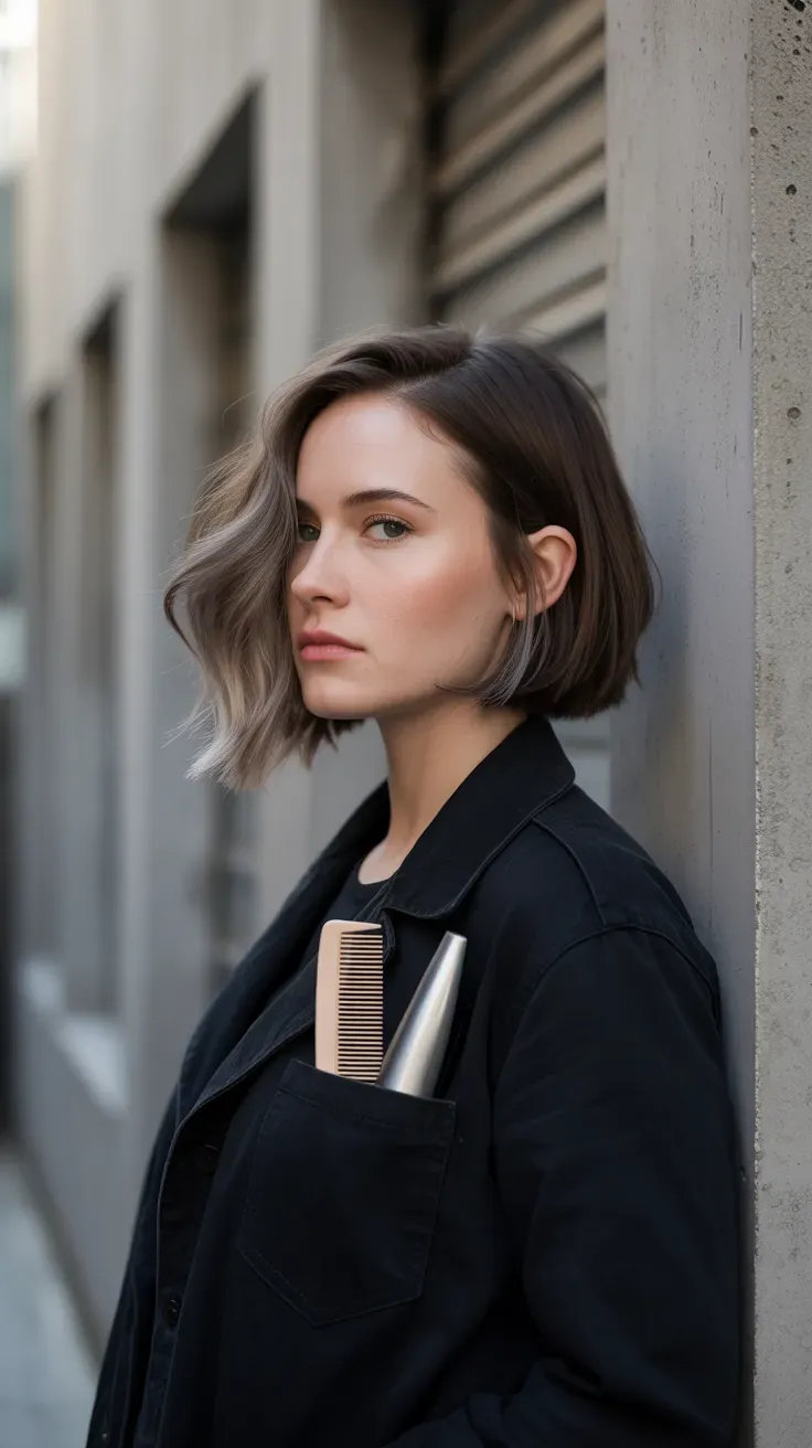 Asymmetrical chin-length bob haircut on woman with fine hair