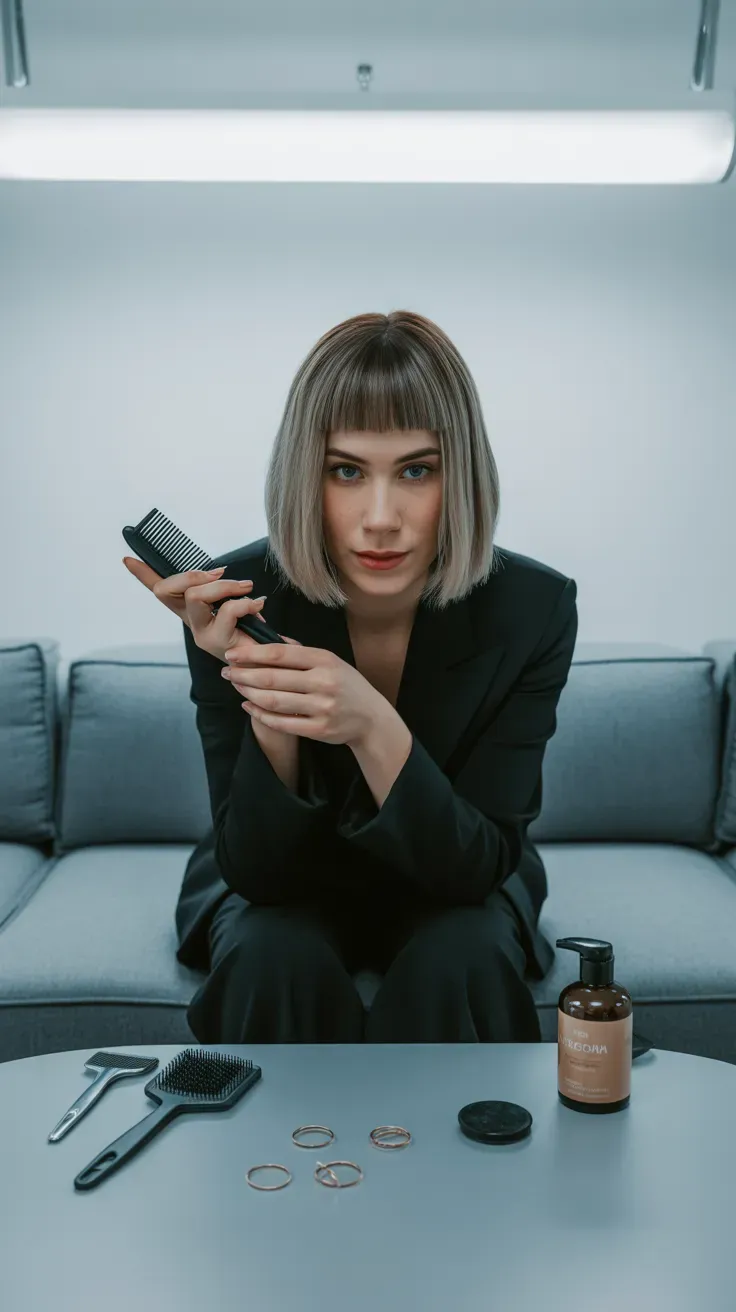 Chin-length bob haircut with blunt ends and a deep side part on woman with fine hair