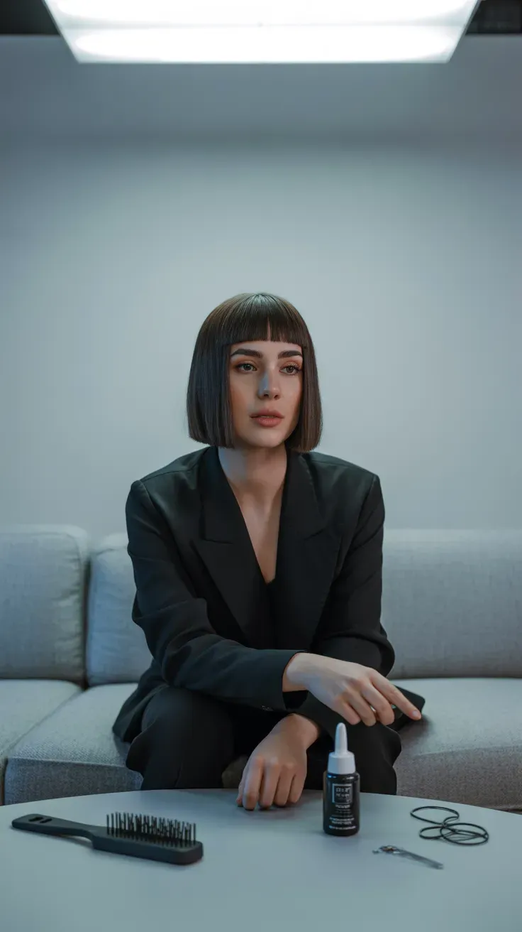 Blunt chin-length bob haircut on woman with fine hair