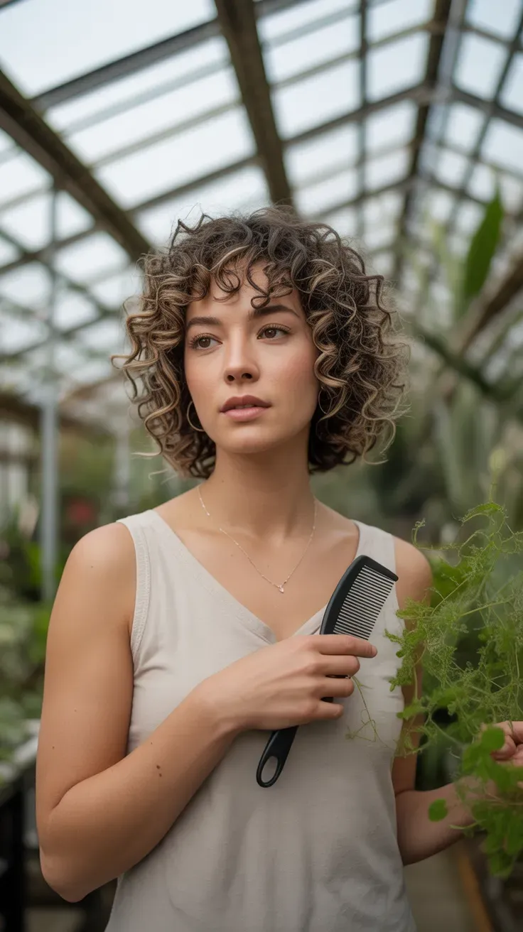 Curly chin-length bob haircut on woman with fine curly hair