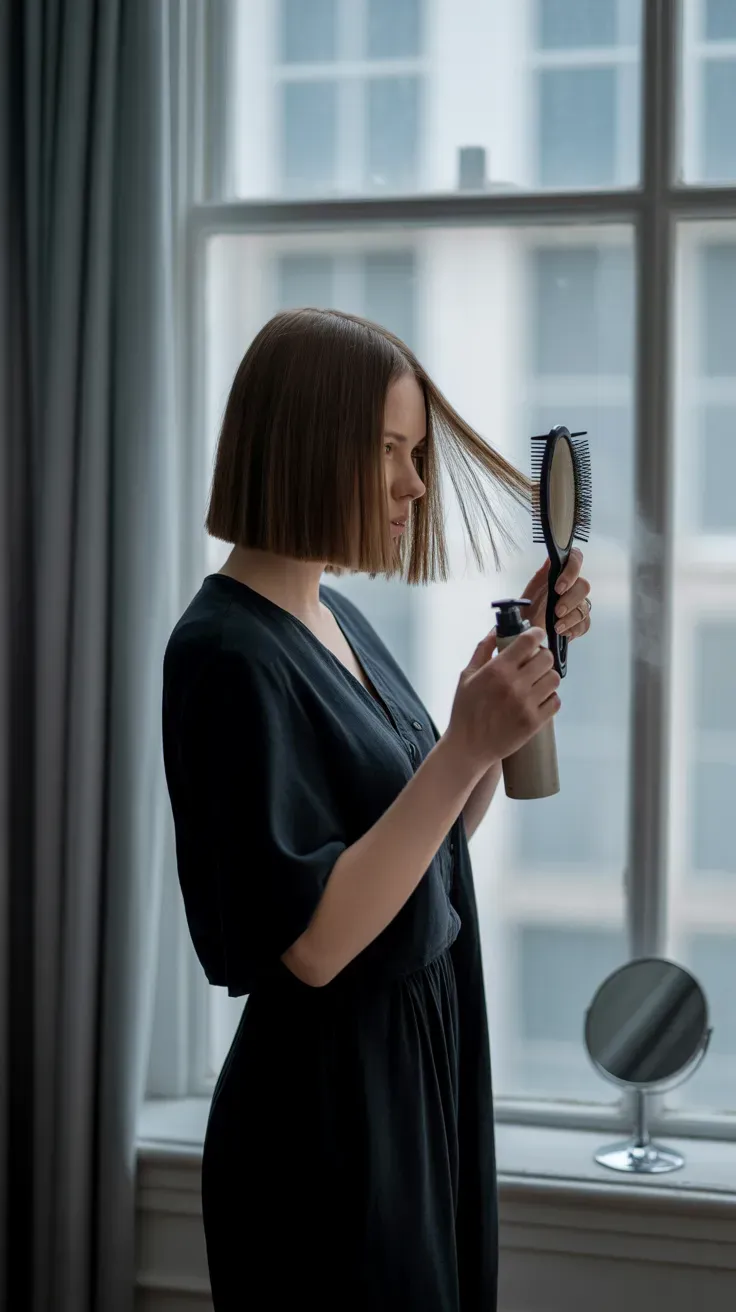 Chin-length bob haircut with curtain fringe on woman with fine hair