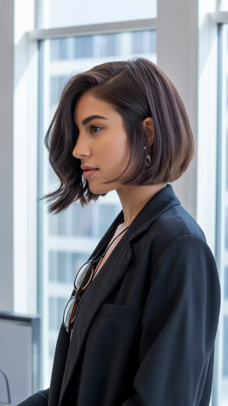 Chin-length bob haircut with a deep side part on woman with fine hair