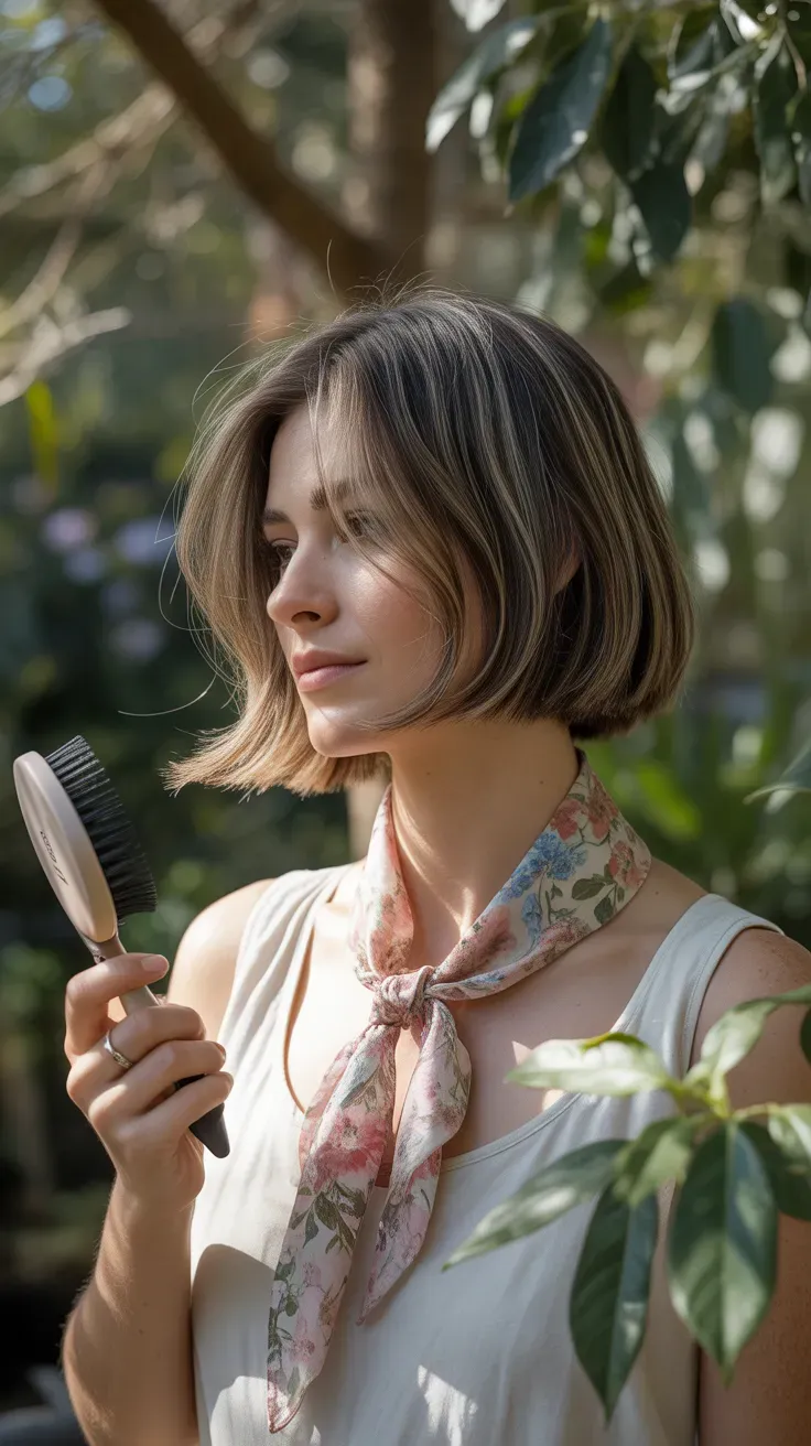 Chin-length bob haircut with soft face-framing layers on woman with fine hair