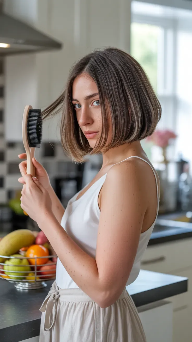 Chin-length bob haircut with face-slimming layers on woman with fine hair