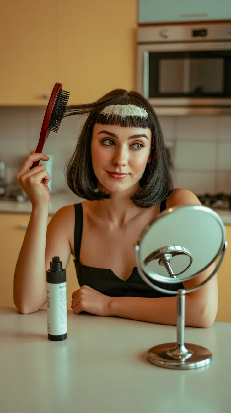 Chin-length bob haircut with micro bangs on woman with fine hair