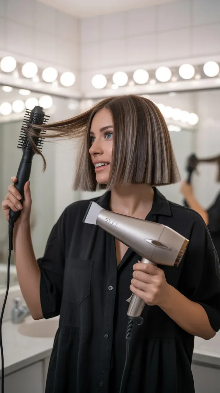 Chin-length bob haircut styled with a root volume blowout on woman with fine hair