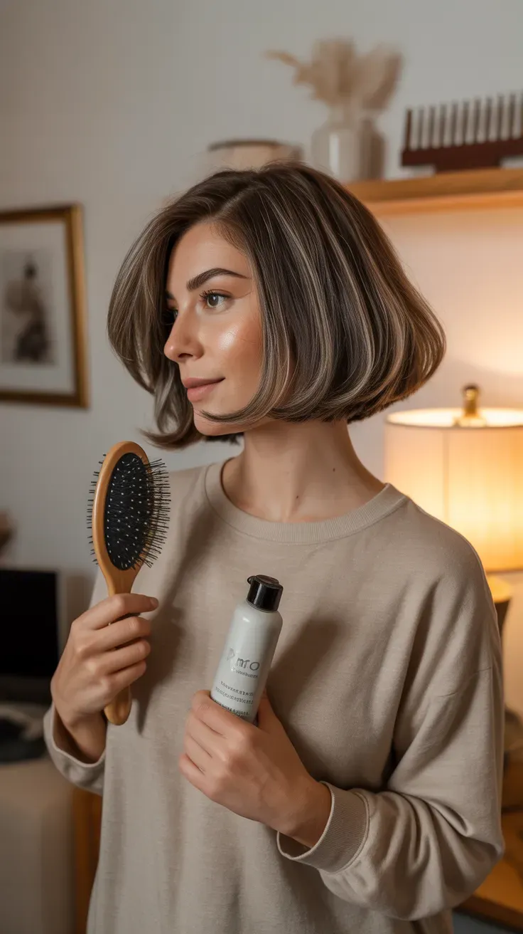 Rounded chin-length bob haircut on woman with fine hair