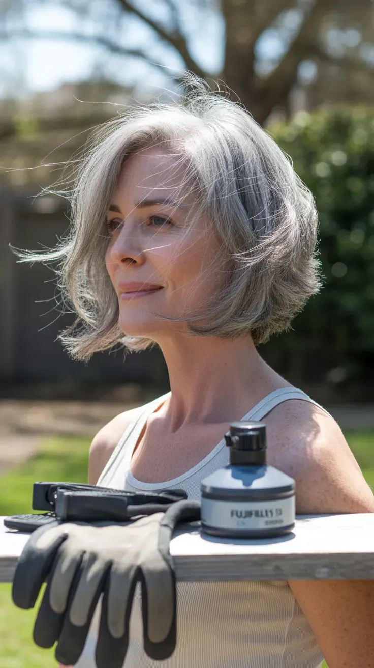 Textured silver chin-length bob haircut on gray-haired woman with fine hair