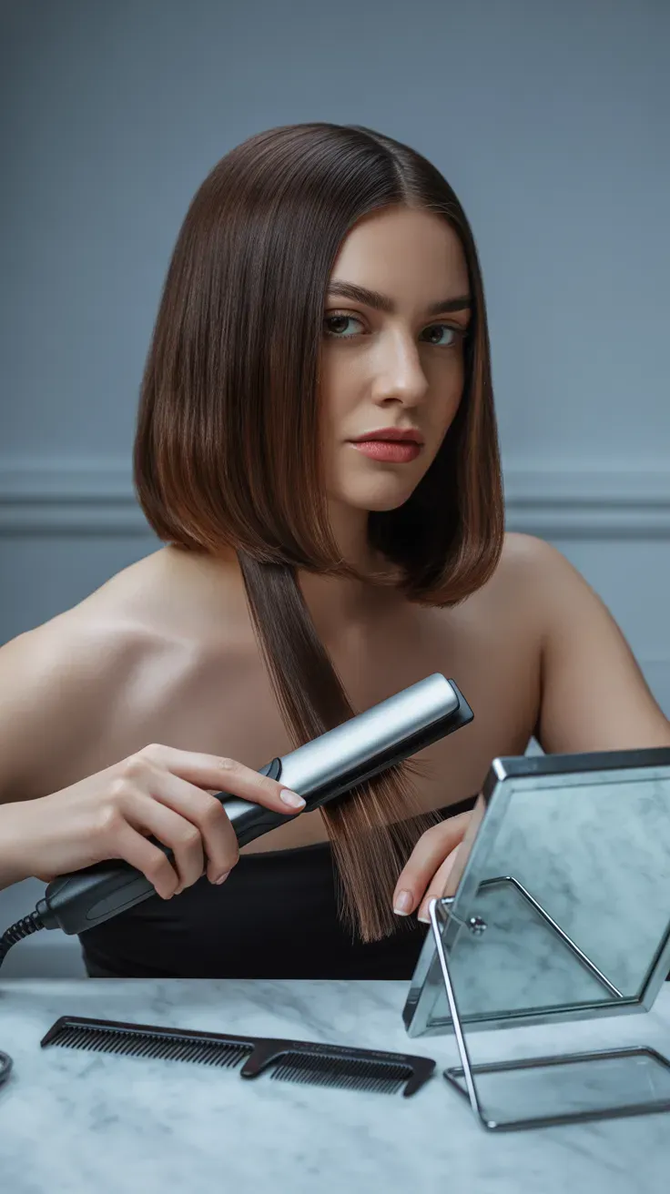 Sleek straight chin-length bob haircut on woman with fine hair