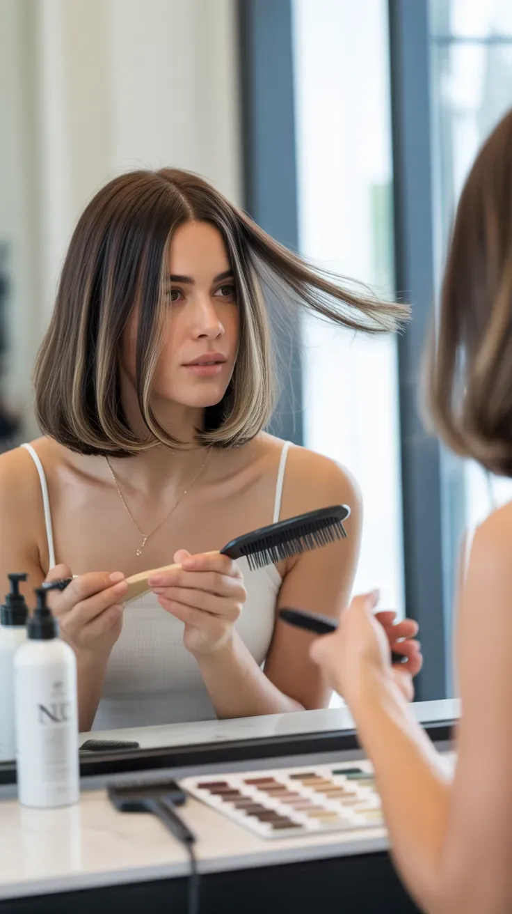 Chin-length bob haircut with subtle highlights on woman with fine hair