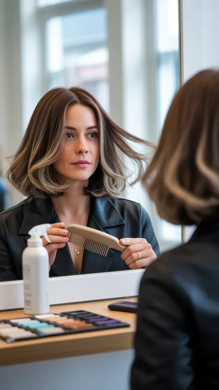 Chin-length bob haircut with subtle lowlights on woman with fine hair