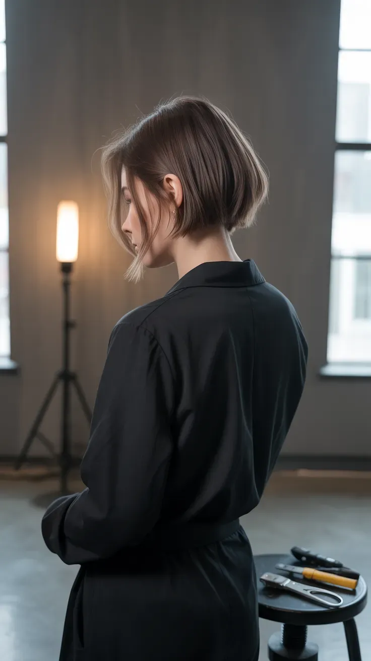 Chin-length bob haircut with subtle undercut detail on woman with fine hair