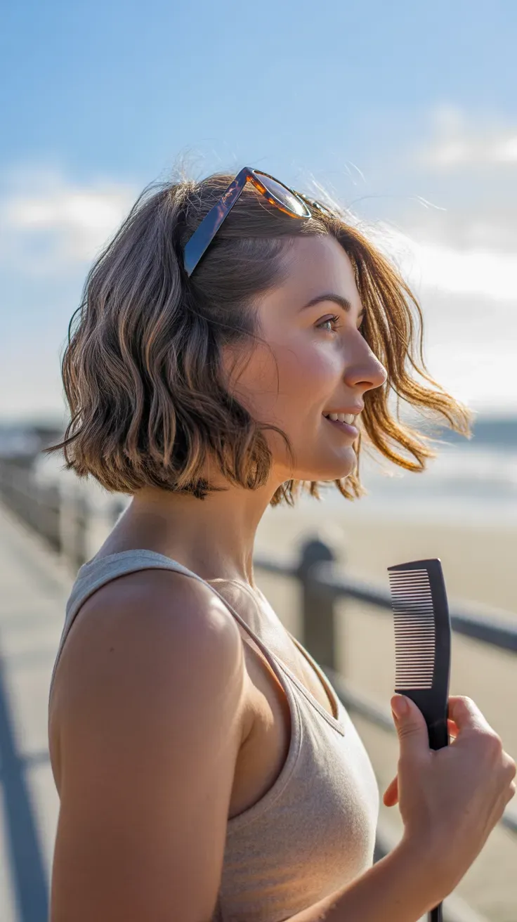 Wavy chin-length bob haircut on woman with fine hair and natural texture