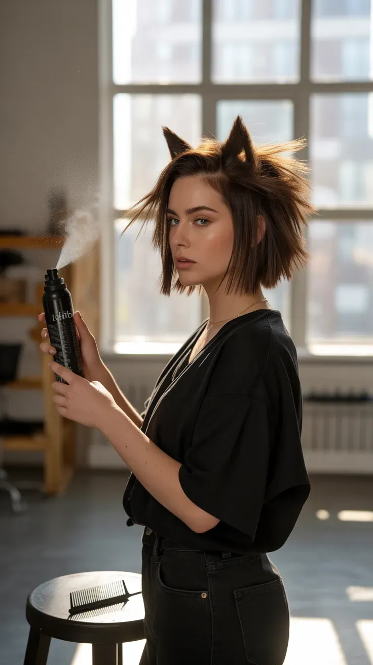 Wolf-inspired chin-length bob haircut with textured spiky layers on woman with fine hair