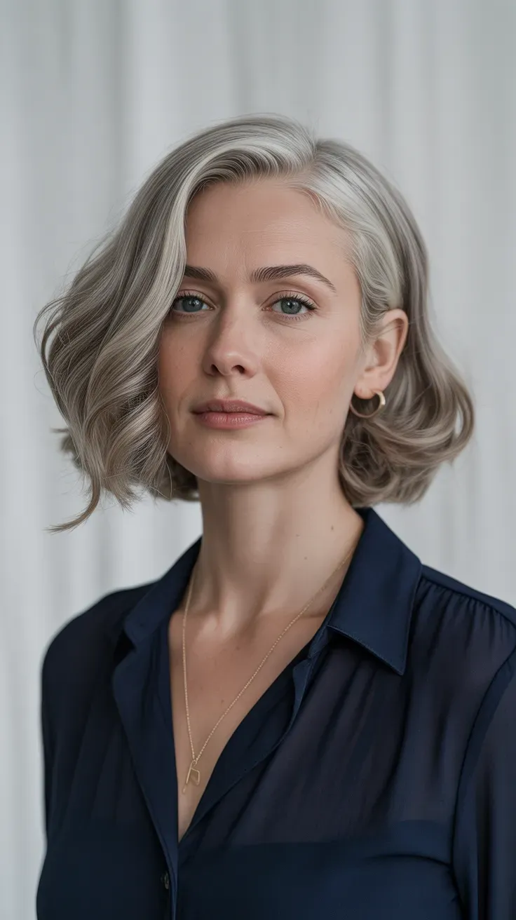 Older woman with a chin-length bob styled in loose soft waves and a side part