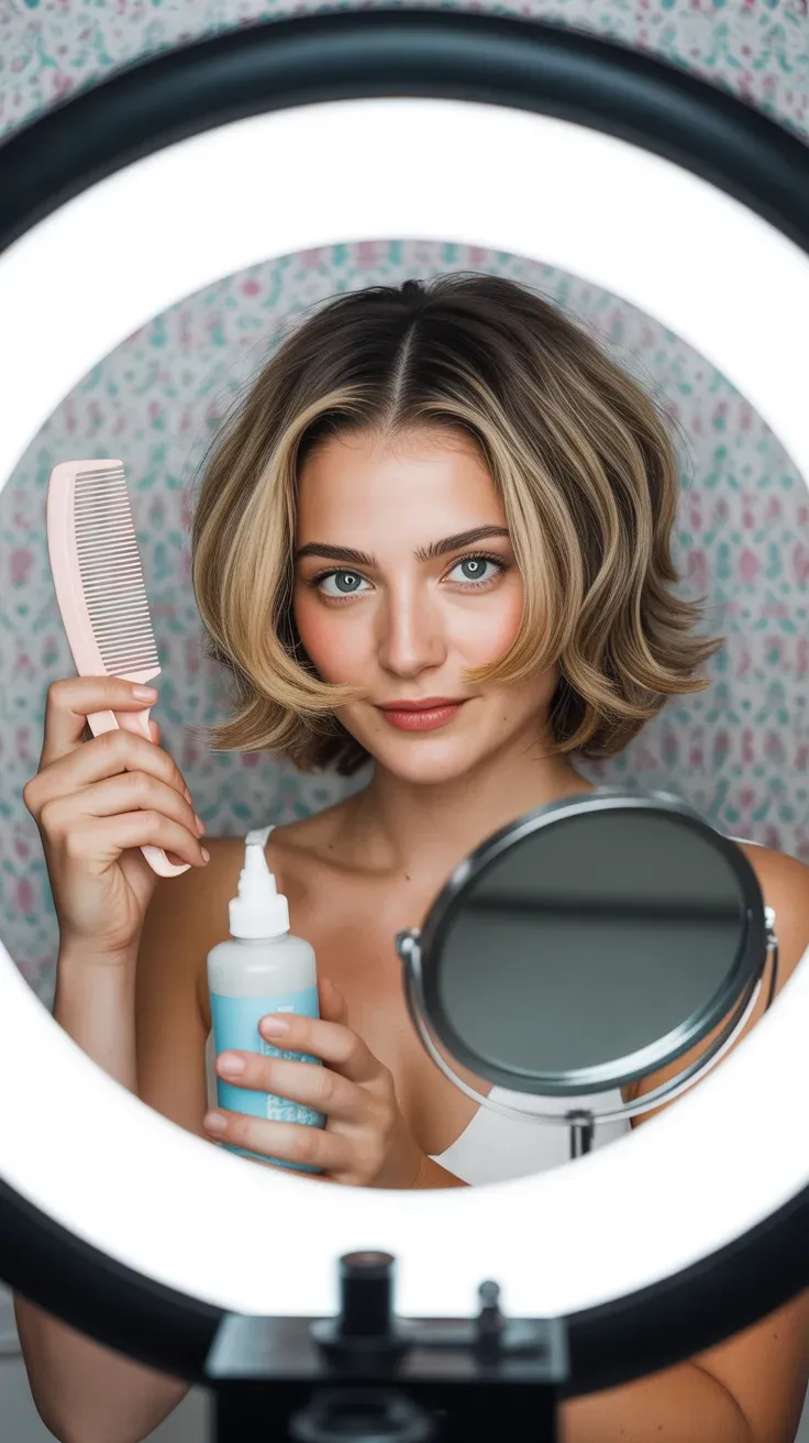 Woman with 90s-inspired choppy bob featuring flipped ends and center part