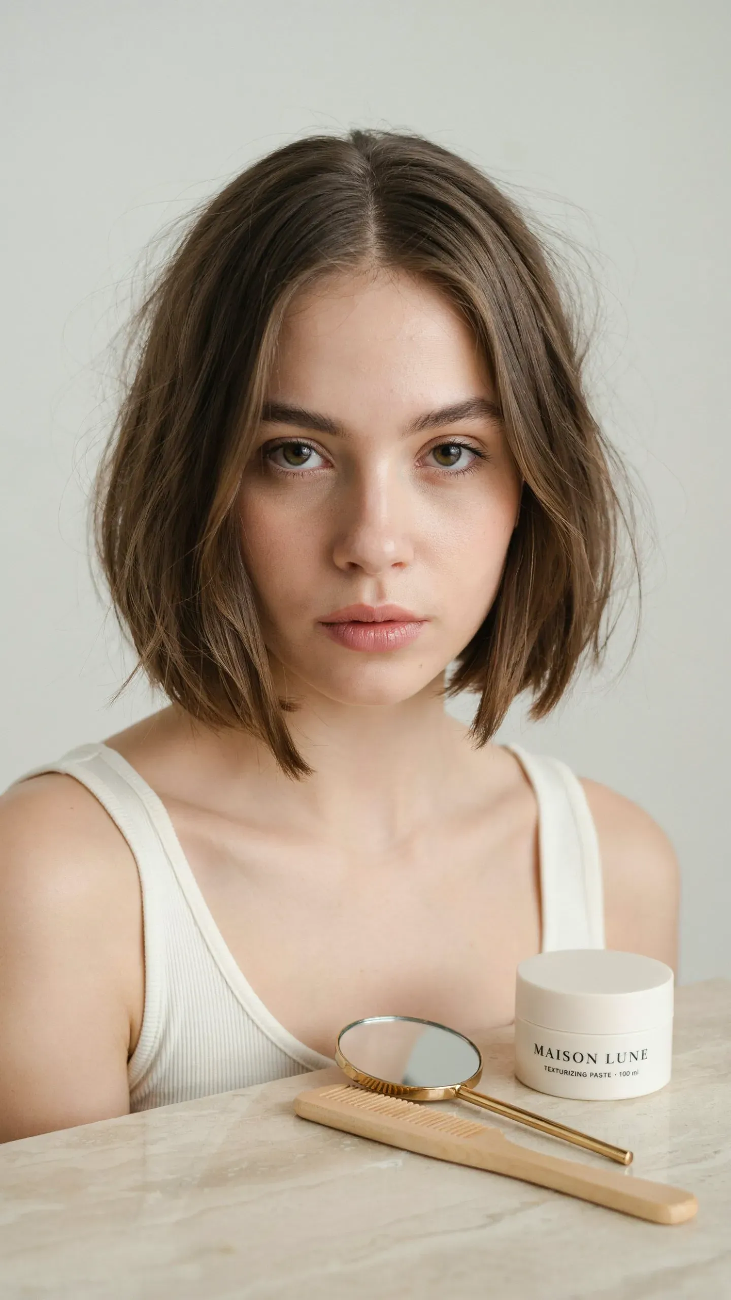 Woman with asymmetrical choppy bob featuring one side longer than the other