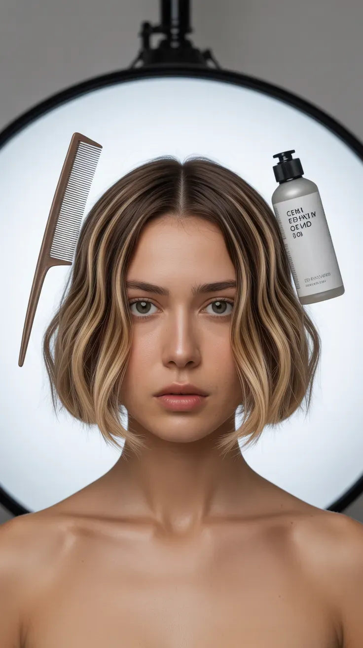 Woman with symmetrical choppy bob styled with a clean center part