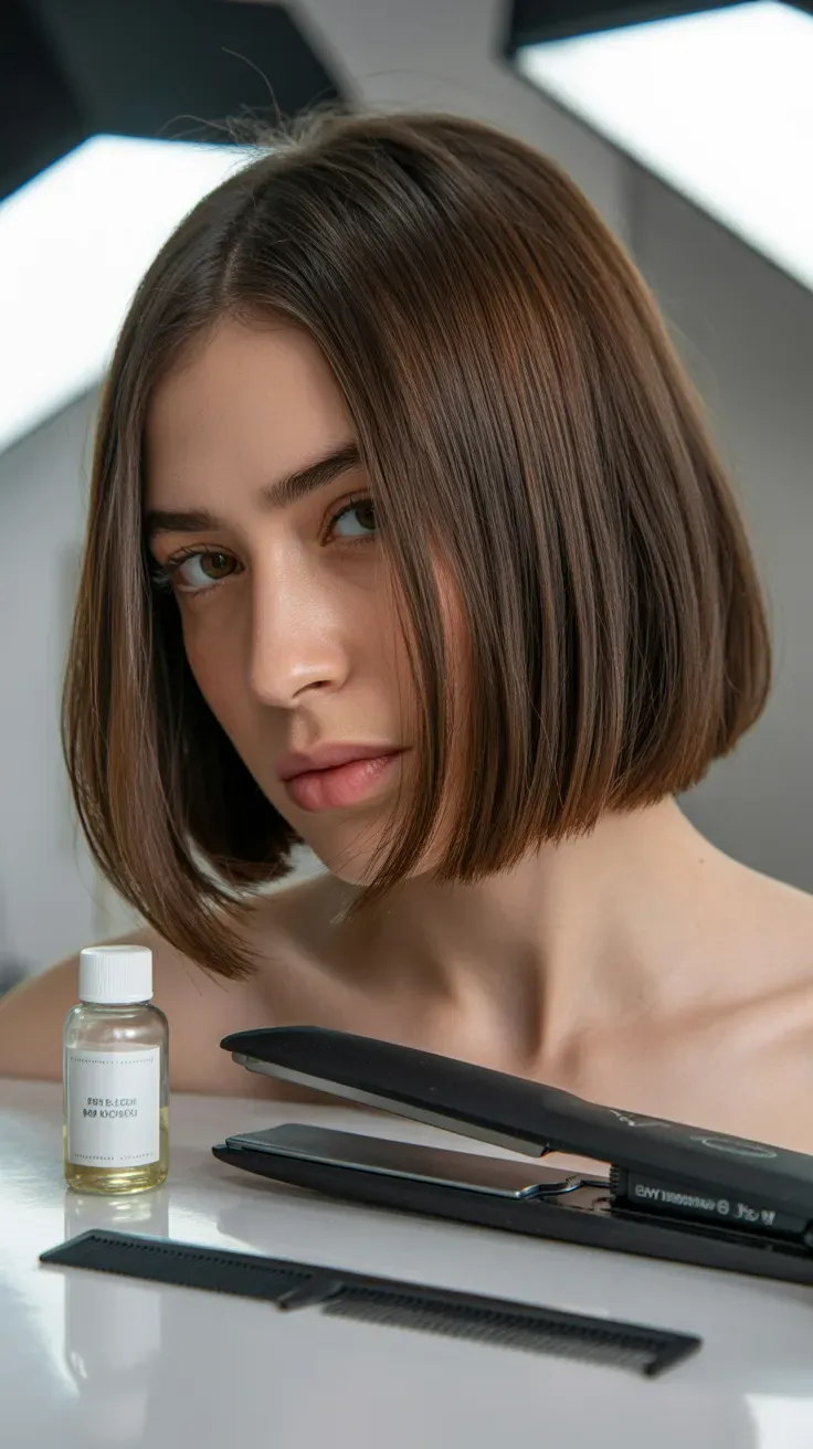 Close-up of chin-length blunt choppy bob with textured tips on model