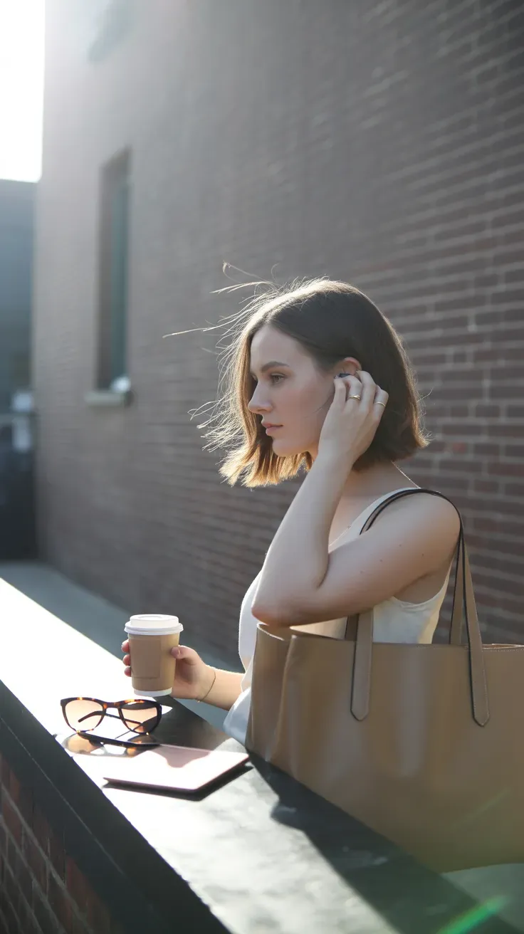 Woman with collarbone-length choppy lob hairstyle standing outdoors