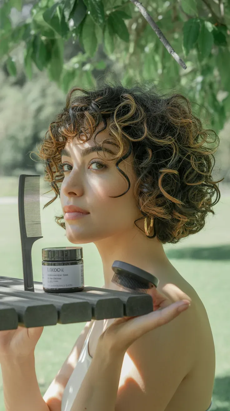 Woman with naturally curly choppy bob showing defined spiral texture