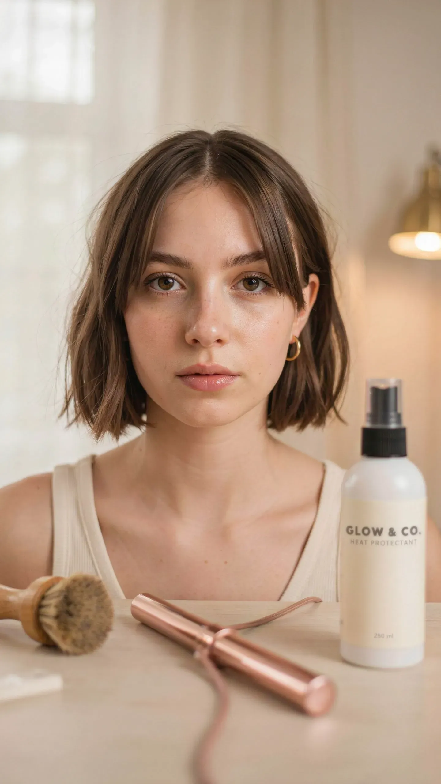 Woman with choppy bob and face-framing curtain bangs parted at the center