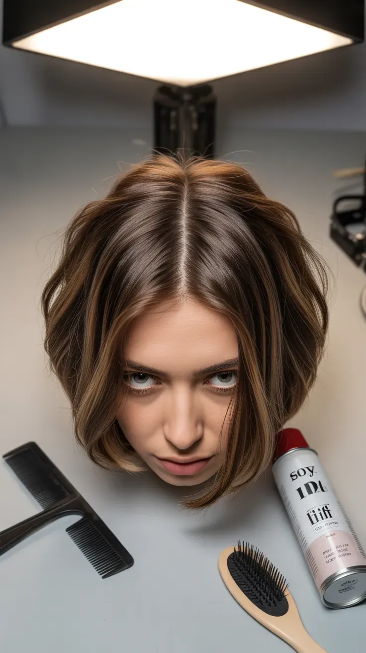 Woman with choppy bob styled with a deep side part for added volume