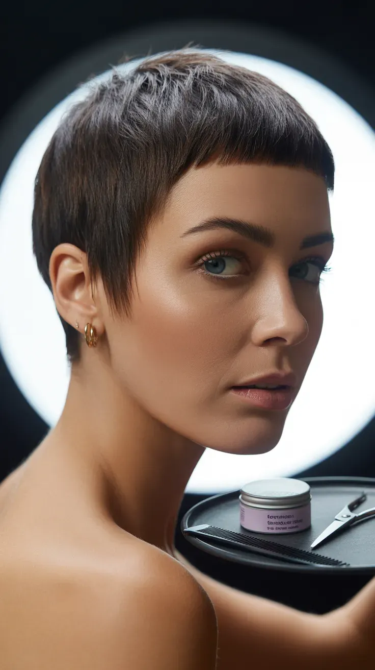 Woman with short ear-length cropped choppy bob showing textured pixie-bob crossover