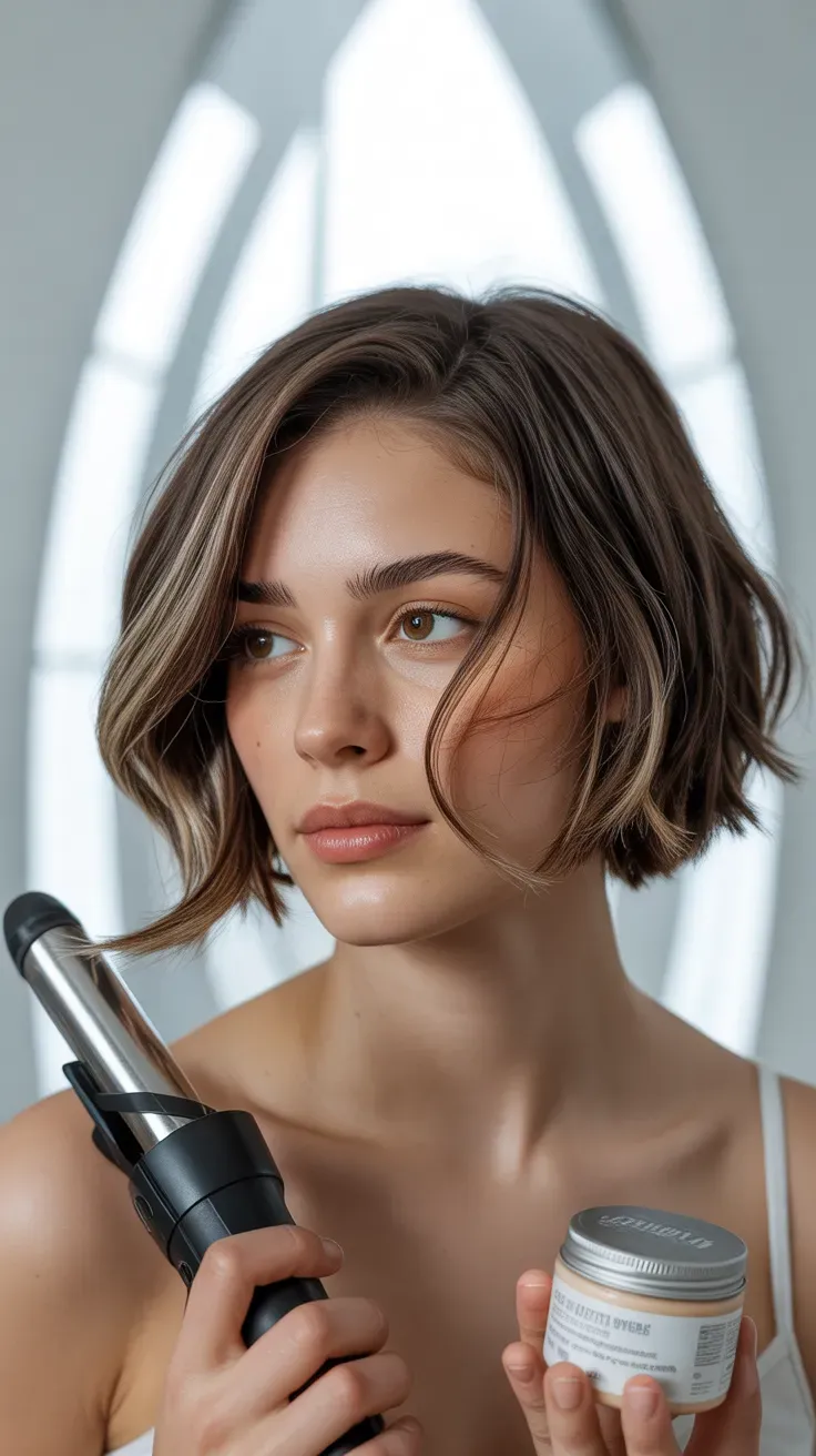 Woman with choppy bob and long face-framing layers around the cheekbones