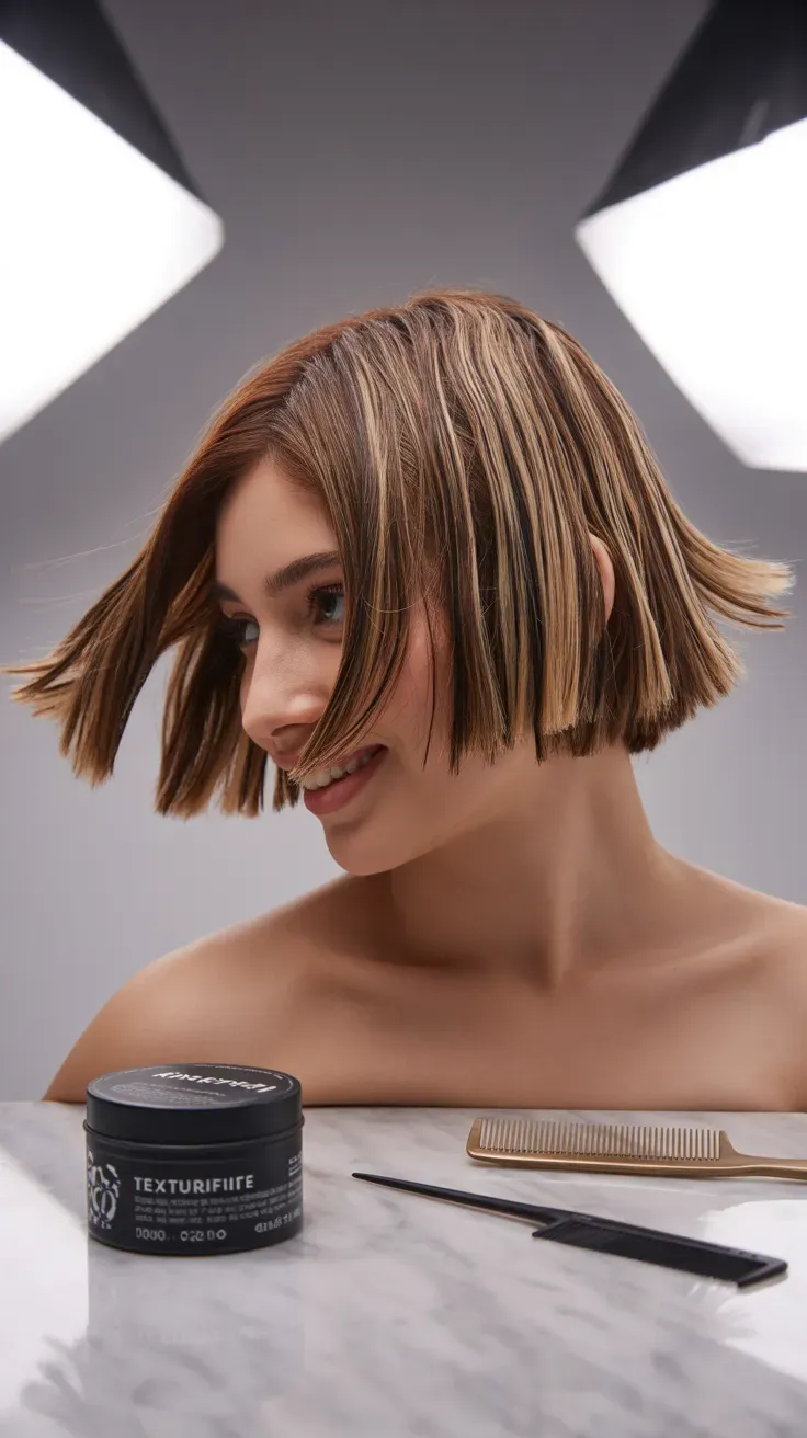 Woman with piecey choppy bob styled with ends flipped outward for texture