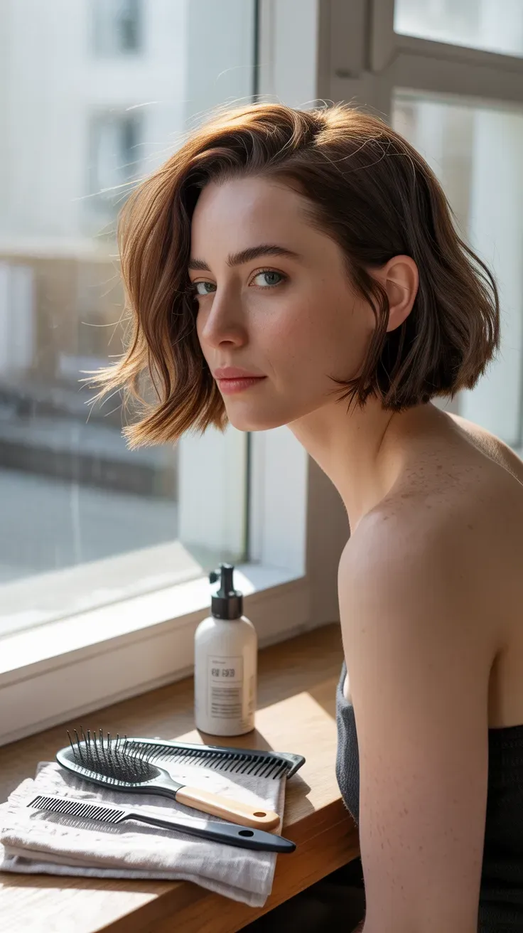 Woman with jaw-length choppy bob showing textured ends and natural volume
