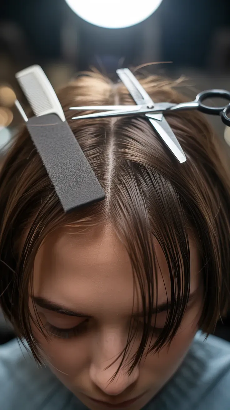 Close-up of point-cut feathered bob ends showing soft irregular texture