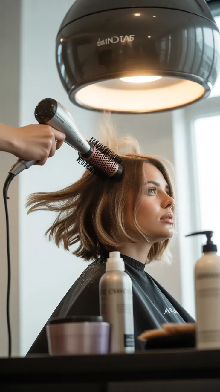 Woman with choppy bob styled with a voluminous root-lift blowout at the crown