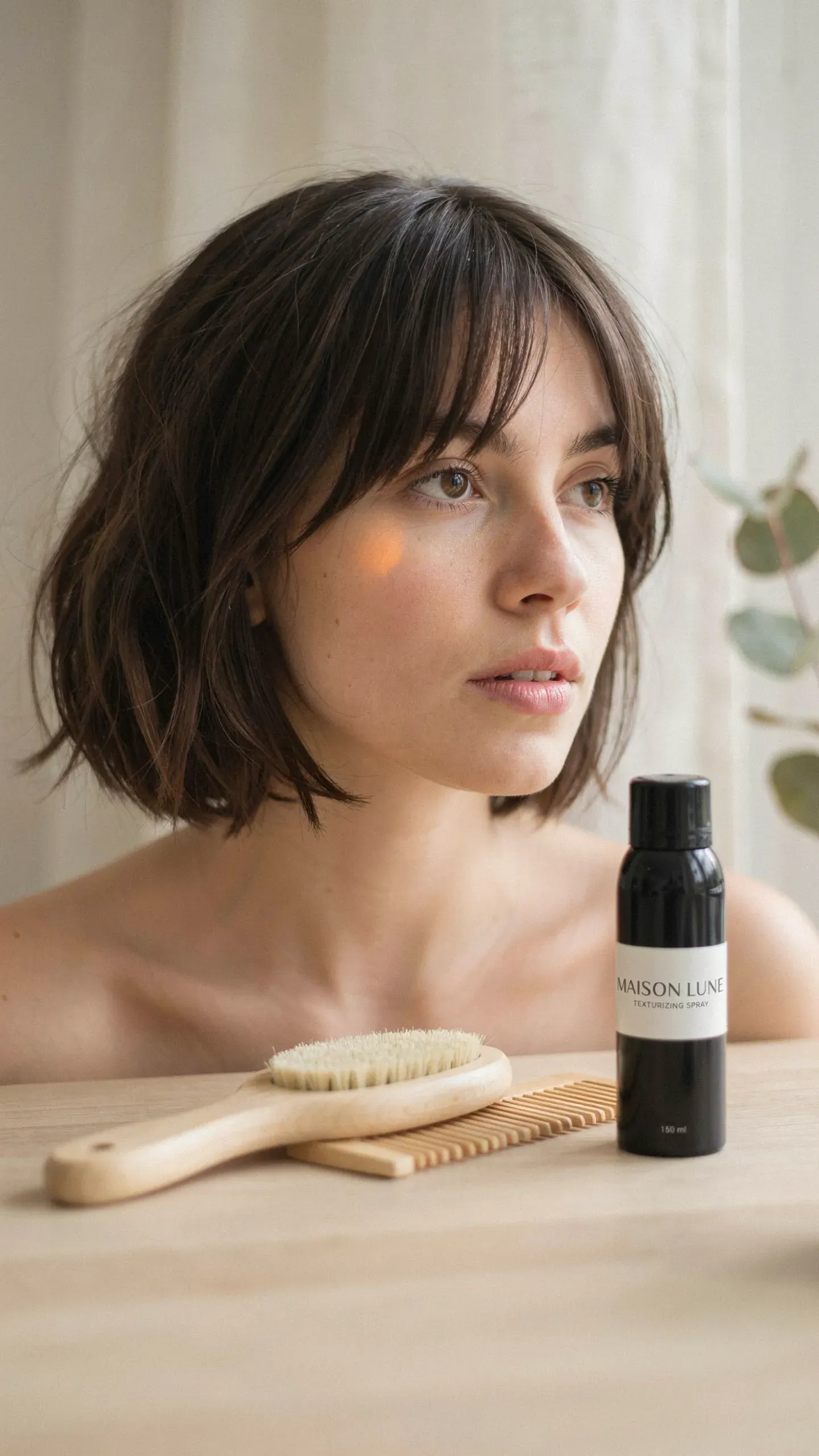Woman with textured shaggy choppy bob featuring heavy layering and movement