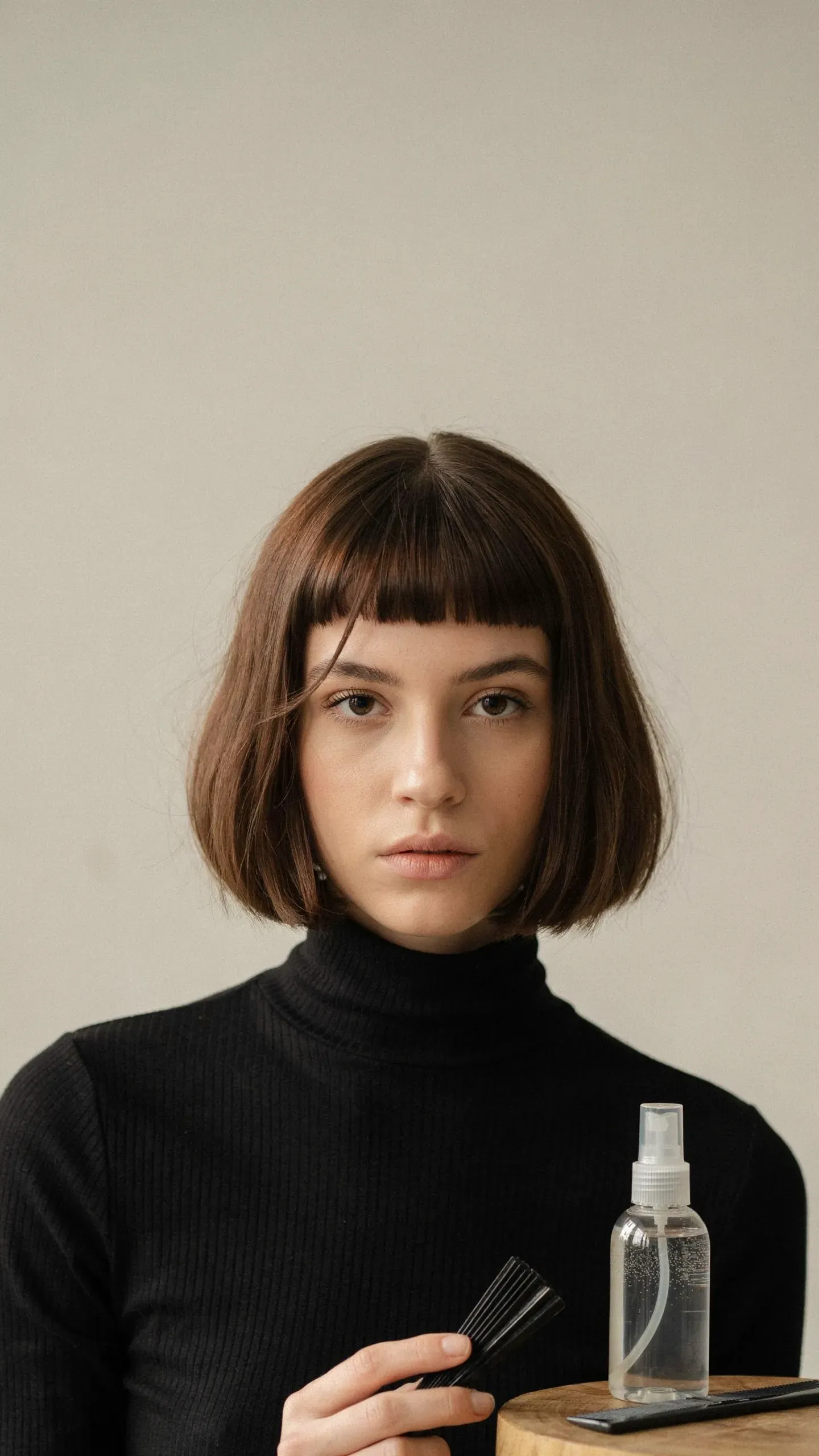 Woman with choppy bob and long side-swept fringe styled across the forehead