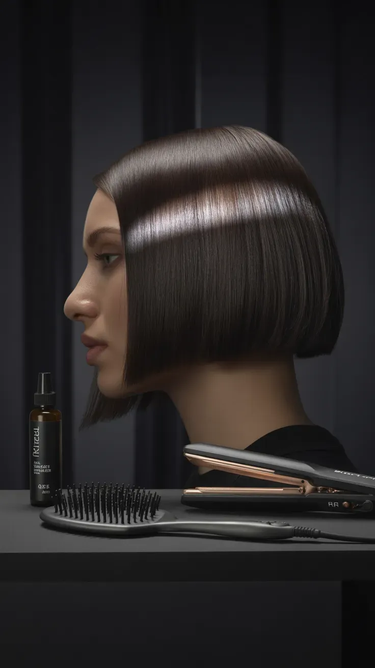 Woman with sleek straight choppy bob showing polished shine and textured ends