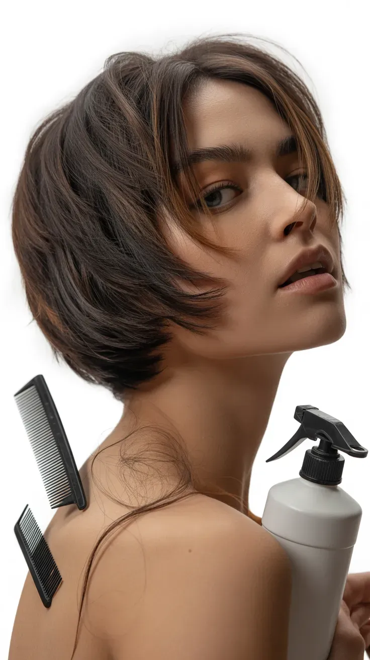 Woman showing stacked choppy bob with layered volume at the back of the head