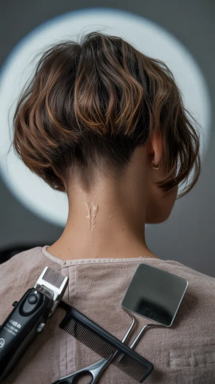Back view of choppy bob with a subtle shaved undercut at the nape of the neck