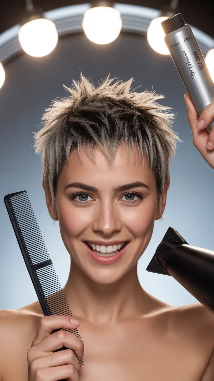 Woman with a choppy pixie cut styled with spiky piecey texture