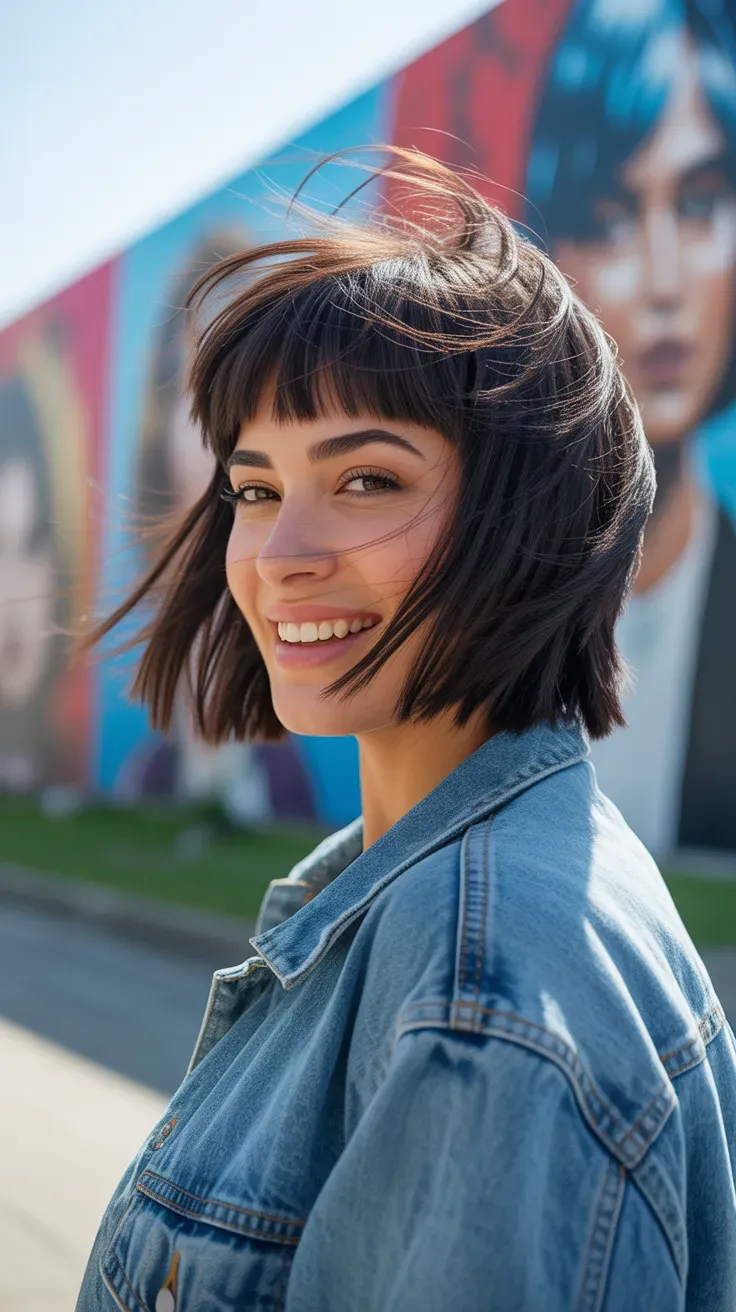 Woman with a short shag haircut styled with strong root lift and choppy layers