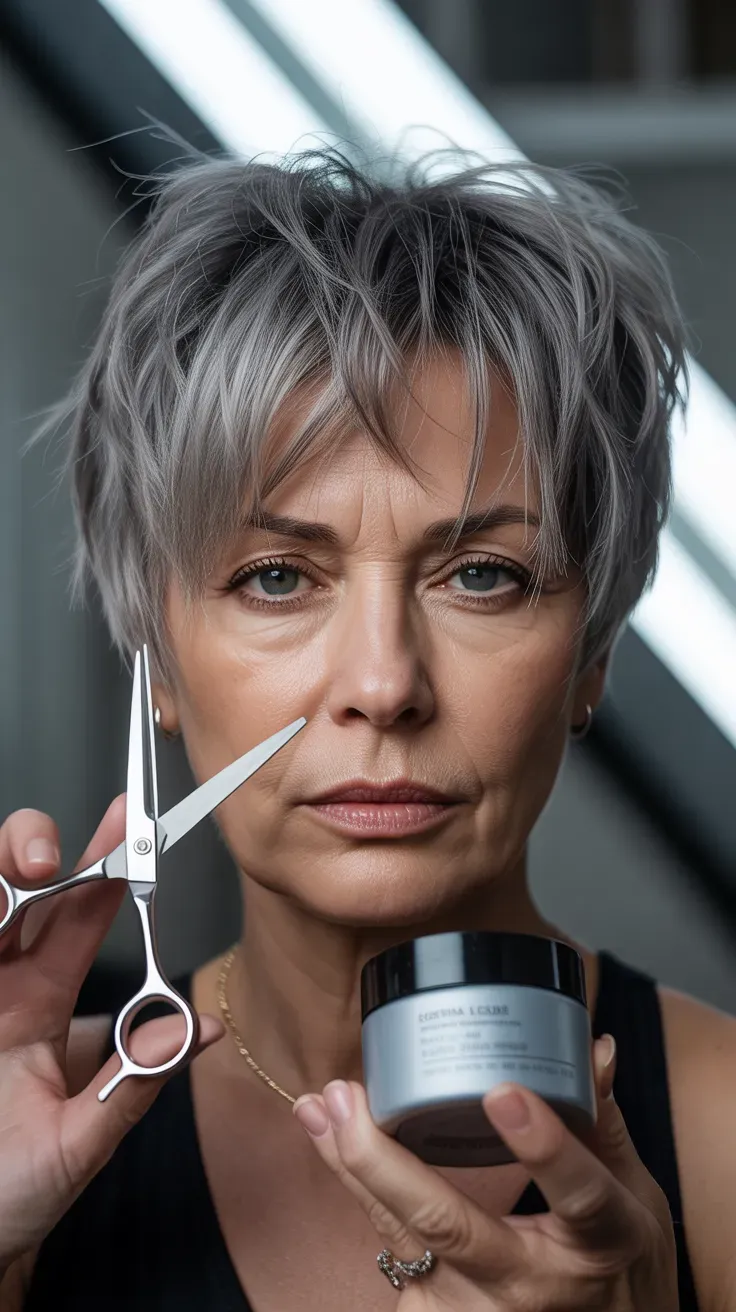Woman over 50 with a choppy, heavily textured gray crop