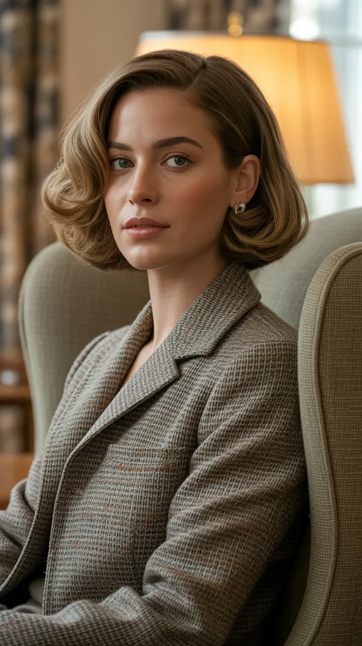 Woman with a classic bob haircut styled with subtle soft waves throughout