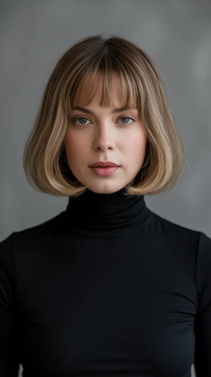 Woman with a classic chin-length French bob and soft blunt fringe