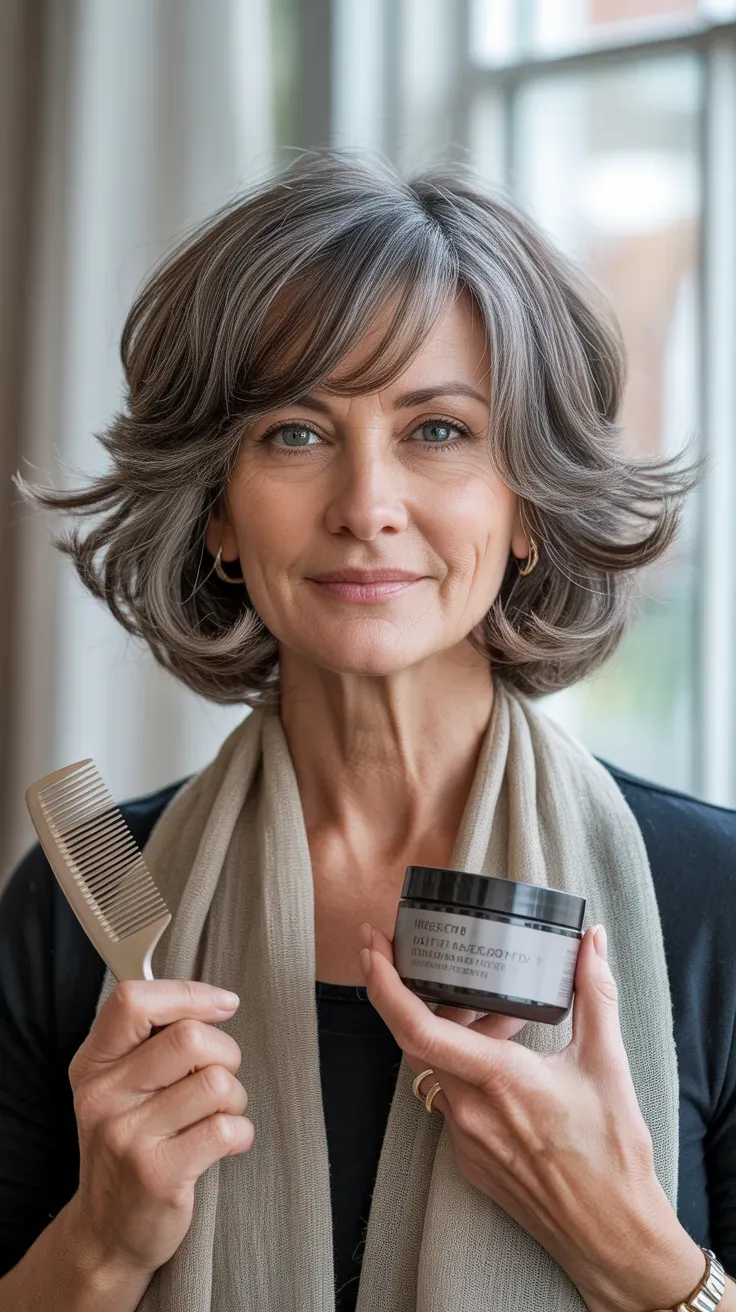 Woman over 50 with a classic layered medium-length haircut with soft movement