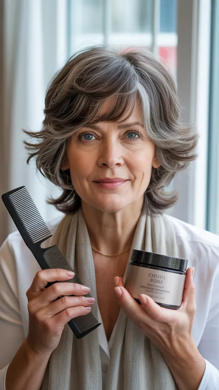 Woman over 50 with a classic layered shag haircut featuring textured ends