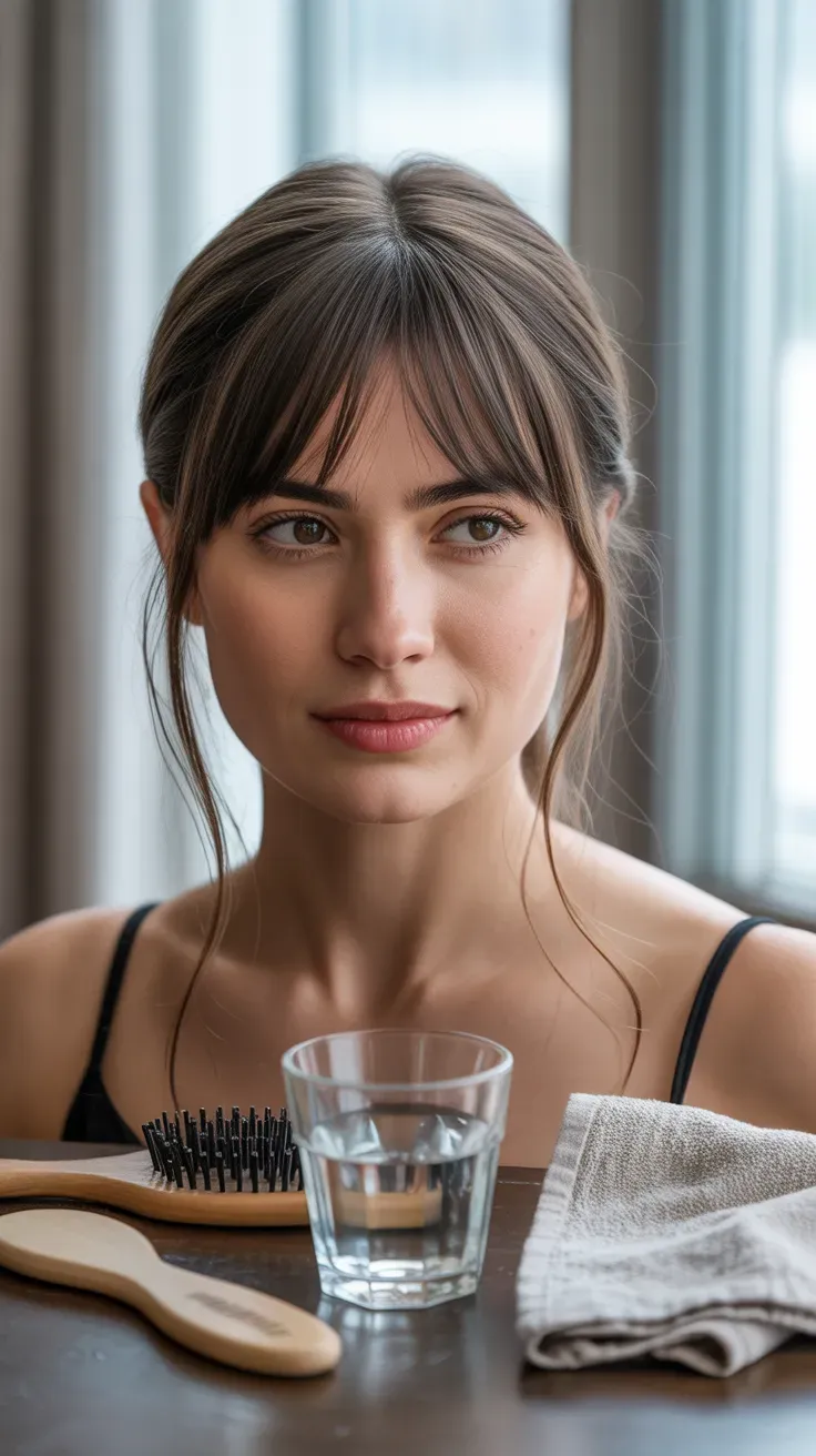 Woman with thin fine hair styled with classic long curtain bangs framing her face