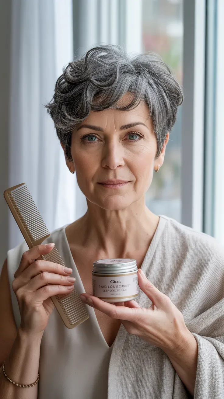 Woman over 50 with a classic pixie cut showcasing natural gray hair