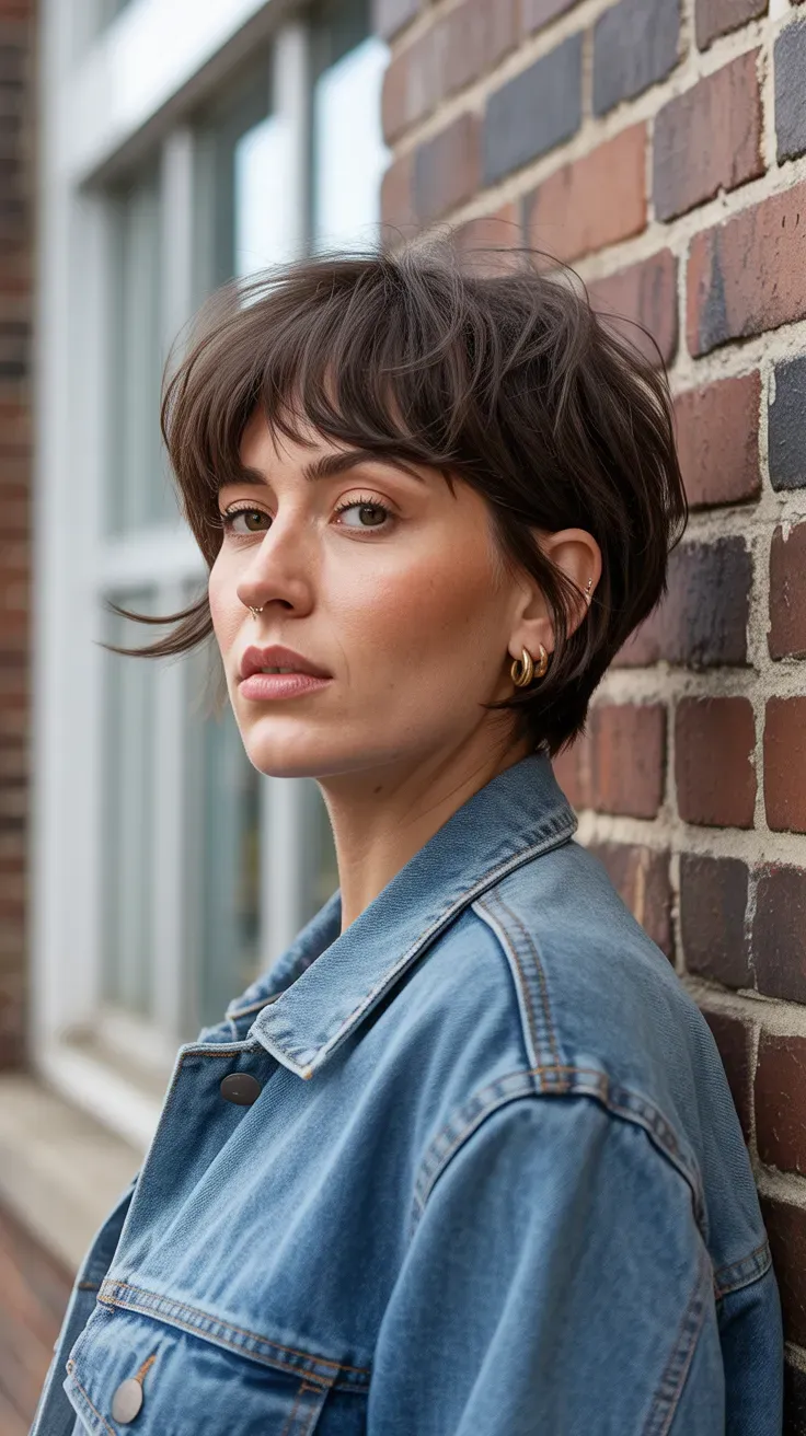 Woman with a short shaggy wolf cut and center-parted curtain bangs