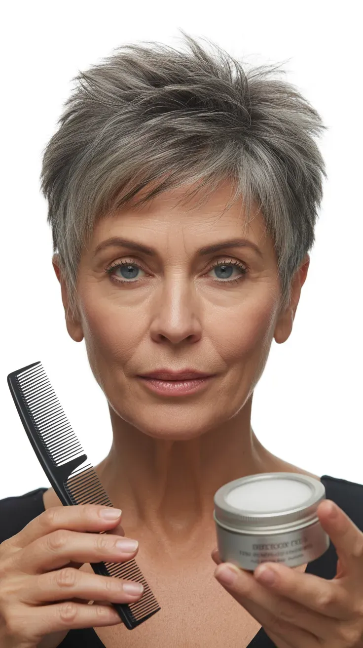 Woman over 50 with a classic spiky pixie cut styled with textured, upward points