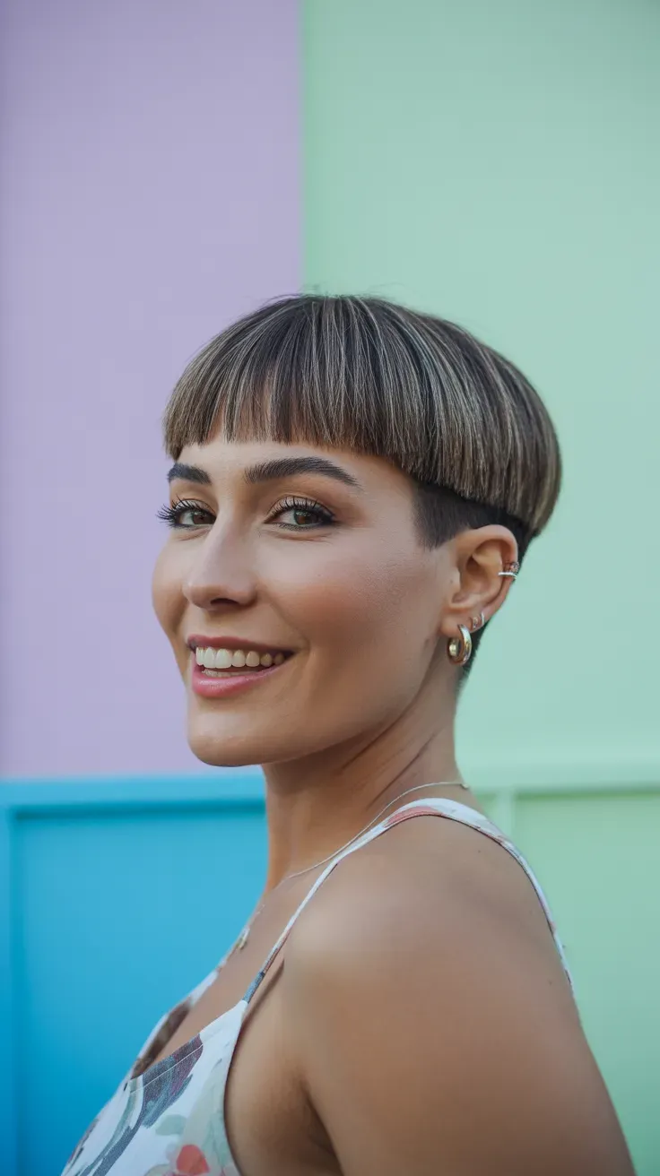 Woman with a short cropped version of the French bob just below the ear